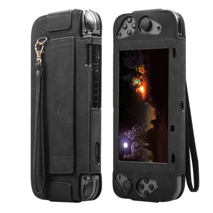 Portable Shockproof Leather Protective Case for Nintendo Switch, with Holder & Card Slot & Lanyard(Black)