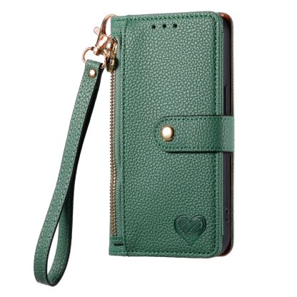 For iPhone 14 Love Zipper Lanyard Leather Phone Case(Green) - Image 2