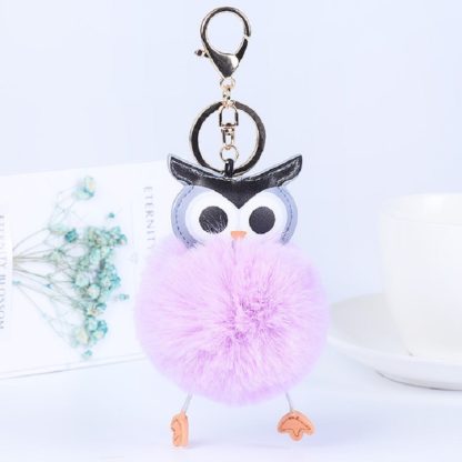 Owl Car Pendant Faux Fur Ball Keychain Handbag Hanging(Purple)