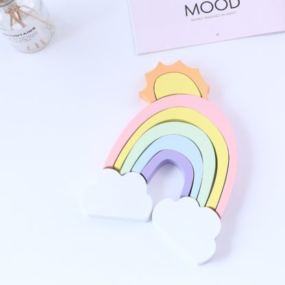 Wooden Rainbow Sun Clouds Piles of Music Blocks Children Room Decoration Photography Props(Pink) - Image 2