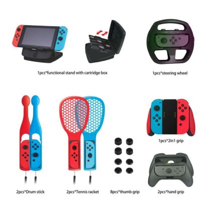 KJH 19 in 1 Family Game Sports Set Drumstick Tennis Racket Grip Rocker Cap Card Box for Switch