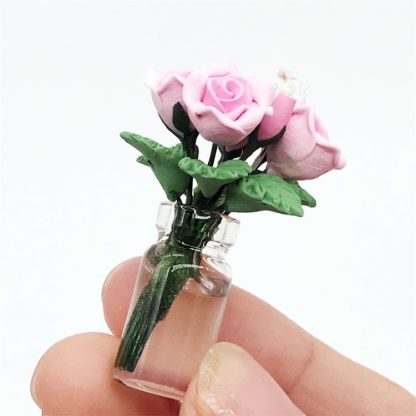 Mini Dollhouse Living Room Decoration Garden Scene Potted Roses(Pink) - Image 3