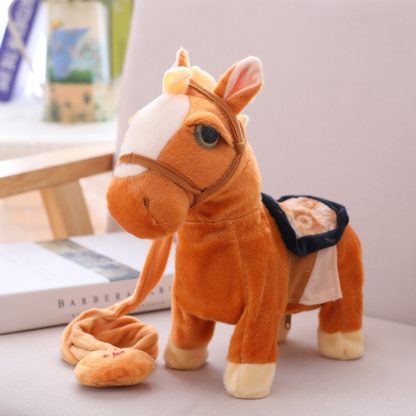 Children Electric Simulation Plush Toy Pull Rope Pony Doll Intelligent Remote Control Music Mechanical Pony(Light brown)