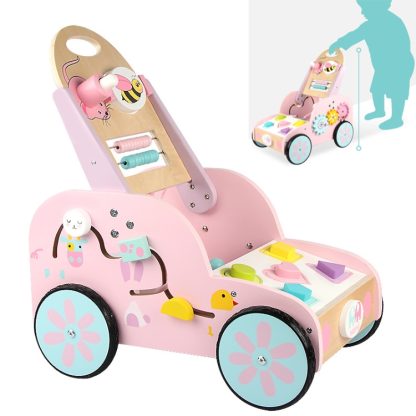 Children Multifunctional Walker Stroller Baby Wooden Puzzle Early Education Toys(Pink)