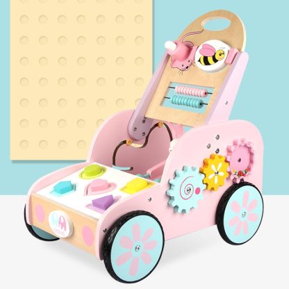 Children Multifunctional Walker Stroller Baby Wooden Puzzle Early Education Toys(Pink) - Image 3