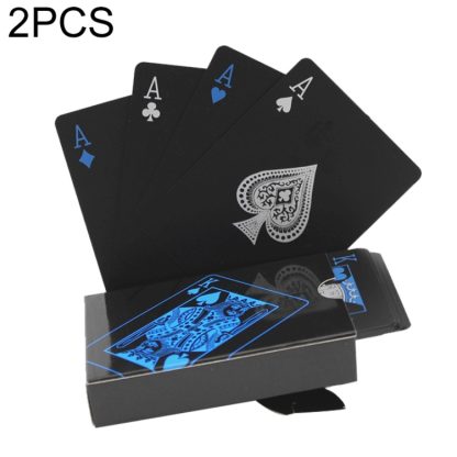 2 Set Plastic PVC Poker Cards Waterproof Black Playing Cards Creative Gift Durable Poker(Blue+Silver)