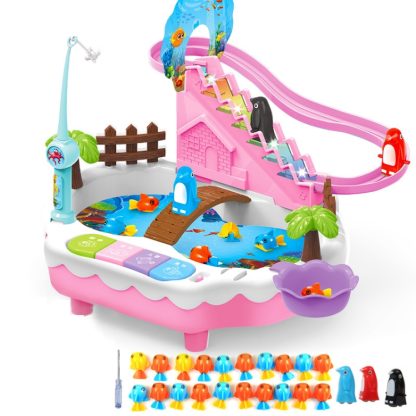 TongLi Penguin Climbing Stairs Magnetic Fishing Toy Electric Music Light Game Machine(Pink) - Image 2