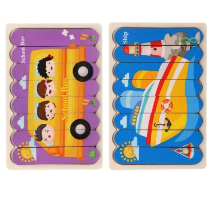 QBT01 Children Double-Sided Wooden Puzzle Bar Puzzle Toy(School Bus + Ship)