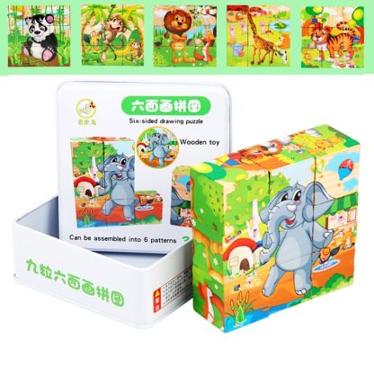 Iron Box 9 Cube Six-Sided Pattern Building Blocks Puzzle Children Early Education Wooden Toy(Forest Animals)