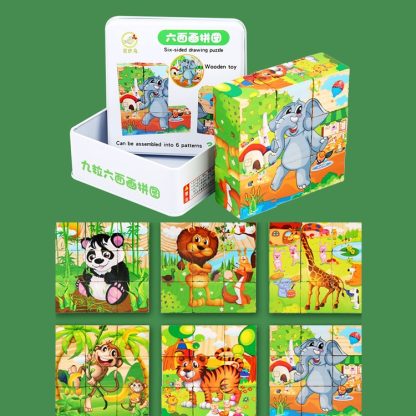 Iron Box 9 Cube Six-Sided Pattern Building Blocks Puzzle Children Early Education Wooden Toy(Forest Animals) - Image 2