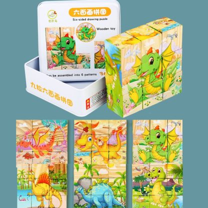 Iron Box 9 Cube Six-Sided Pattern Building Blocks Puzzle Children Early Education Wooden Toy(Dinosaur World) - Image 2