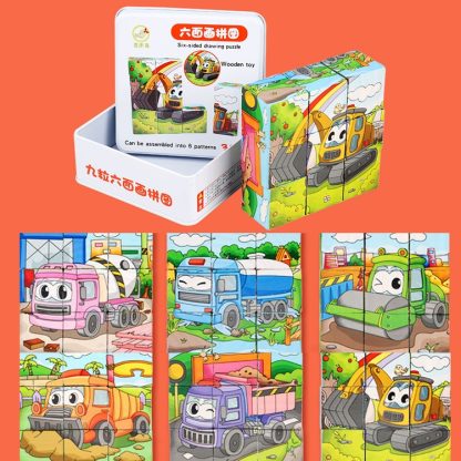 Iron Box 9 Cube Six-Sided Pattern Building Blocks Puzzle Children Early Education Wooden Toy(Excavator) - Image 2