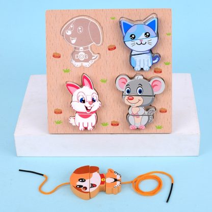 2 PCS Wood Blocks Cutting or Stringing Cube Puzzle Early Education Intelligence Toys For Children(Animal-Stringing)