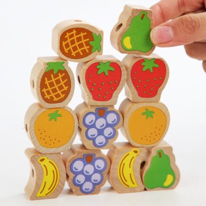 Monki Children Wooden Fruits Beads Building Blocks Wearing Rope Game Puzzle Toys - Image 3