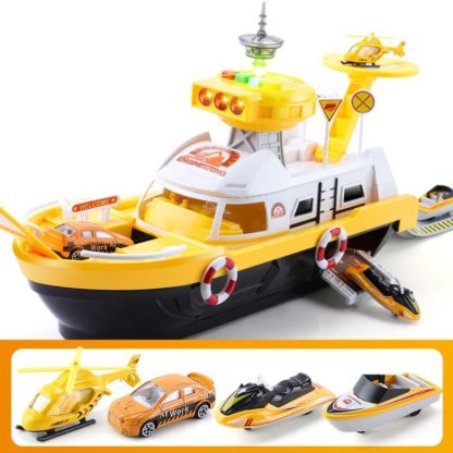 Children Education Boat Toy Storage Parking Lot Ship with Light and Sound Function, Style: Engineering - 3 Cars+1 Aircra