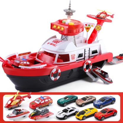 Children Education Boat Toy Storage Parking Lot Ship with Light and Sound Function, Style: Fire - 9 Cars+1 Aircraft