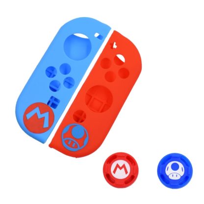 2 Sets Patterned Silicone Case With Handle Button Cap For Nintendo Switch(Red Blue)