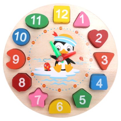 3 PCS Number Clock Children Building Block Toy Early Education Puzzle Shape Matching Puzzle(Penguin Clock)