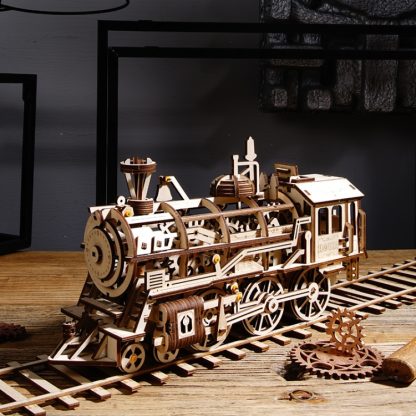 LK701 Locomotive DIY Puzzle Jigsaw Toy 3D Wooden Crafts Decoration Clockwork Dynamic Model