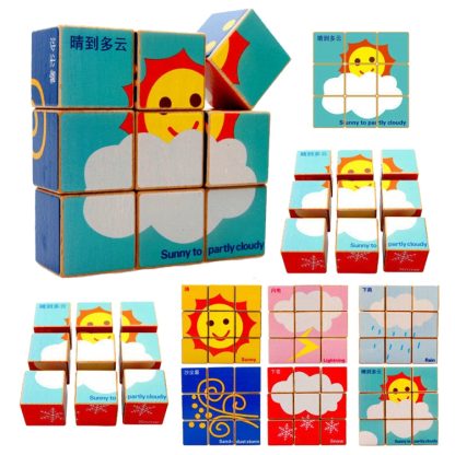 2 Sets 9 Cube Six-Sided Pattern Puzzle 3D Wooden Toys(Weather) - Image 2