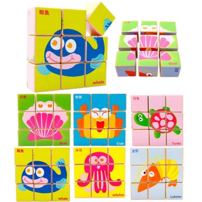 2 Sets 9 Cube Six-Sided Pattern Puzzle 3D Wooden Toys(Ocean)