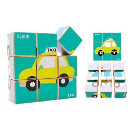 2 Sets 9 Cube Six-Sided Pattern Puzzle 3D Wooden Toys(Traffic) - Image 2