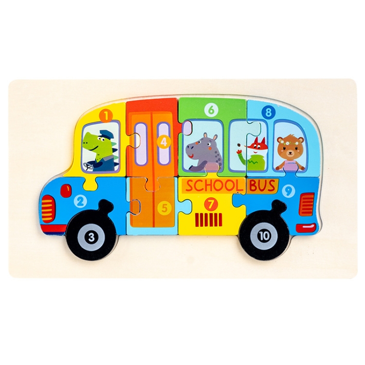 3 PCS Three-dimensional Buckle Traffic Puzzle Cognitive Puzzle Wooden Toy(School Bus)