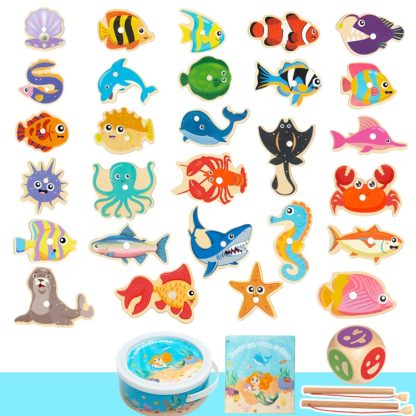 Wooden Magnetic Children Marine Fishing Puzzle Toys, Style: Barrel 28 Fish