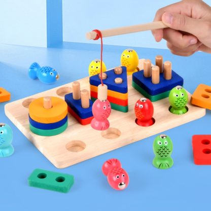 2-in-1 3D Magnetic Fishing Column Shape Matching Wooden Toys,Style: DQ - Image 2