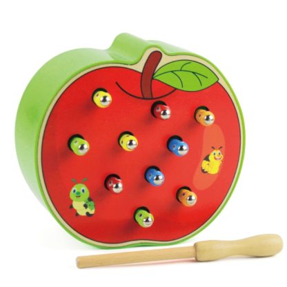 Kids Wooden Toys Catch Worms Games with Magnetic Stick Montessori Educational Creature Blocks Interactive Toys(Apple)