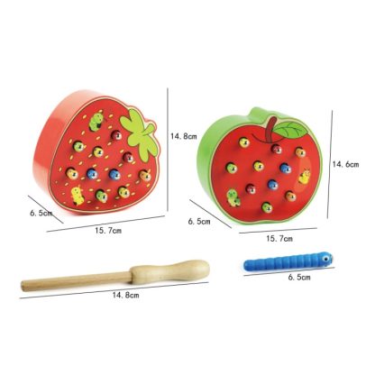 Kids Wooden Toys Catch Worms Games with Magnetic Stick Montessori Educational Creature Blocks Interactive Toys(Apple) - Image 3