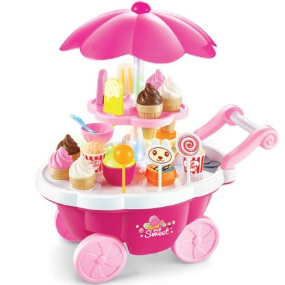 Simulation Small Carts Girl Mini Candy Cart Ice Cream Shop Children Toys with Music and Light(Pink)