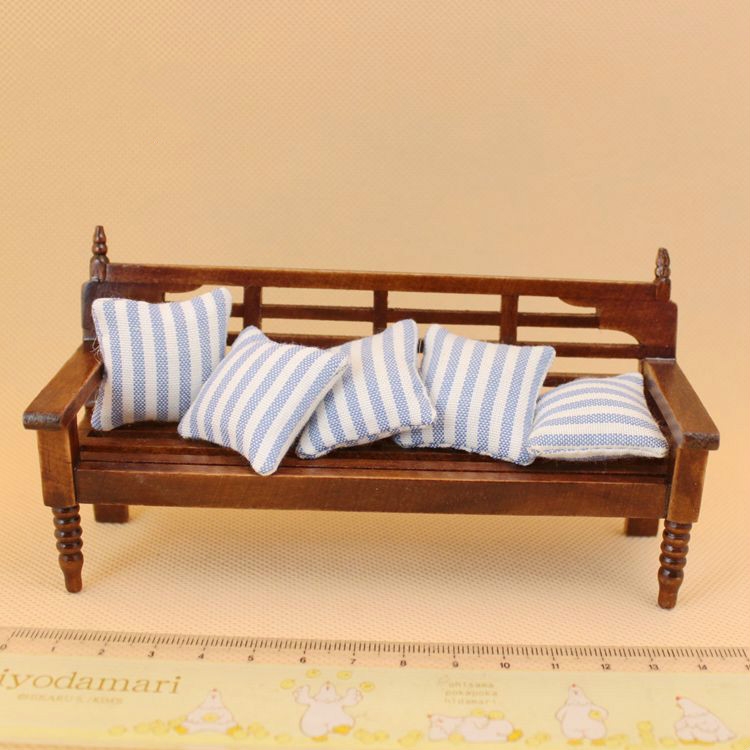 Mini Doll House Furniture Wooden Bench with Pillows - Image 2
