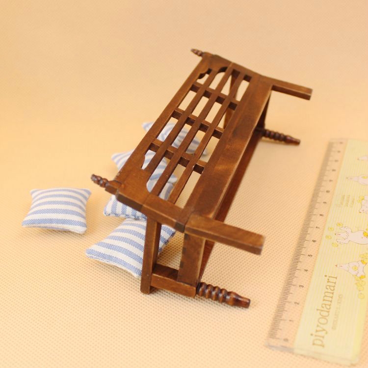 Mini Doll House Furniture Wooden Bench with Pillows - Image 3
