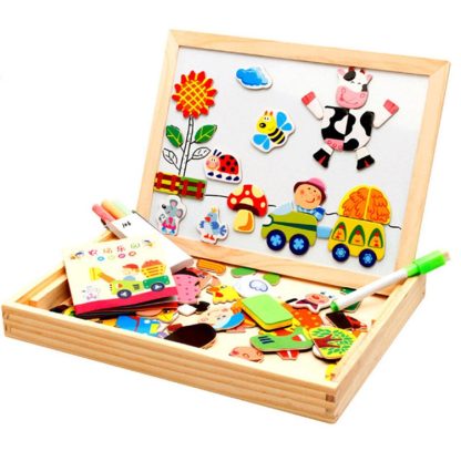 Wooden Magnetic Double-sided Drawing Board Children Educational Toys(Happy Farm Puzzle)