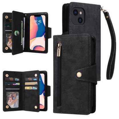 For iPhone 14 Rivet Buckle 9 Cards Three Fold Leather Phone Case (Black)