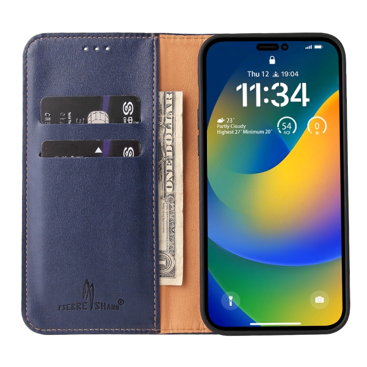 For iPhone 14 Pro Max Fierre Shann PU Genuine Leather Texture Leather Phone Case (Blue) - Image 3