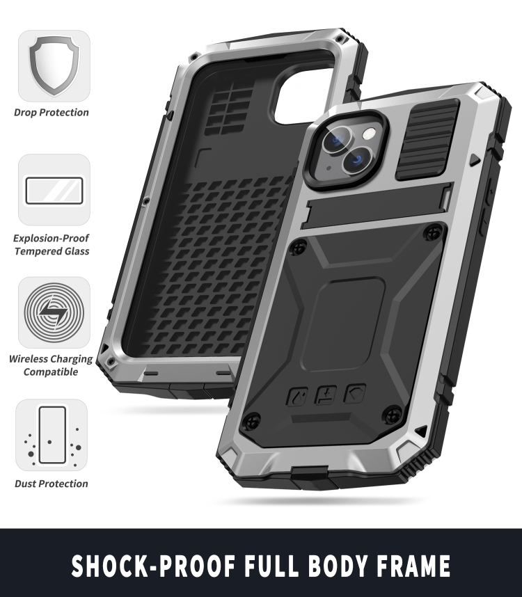 For iPhone 14 Plus R-JUST Shockproof Waterproof Dust-proof Case with Holder (Silver) - Image 4