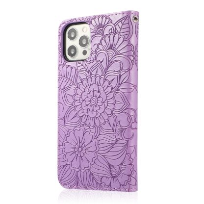 For iPhone 13 Pro Max Skin Feel Embossed Sunflower Horizontal Leather Case (Purple) - Image 3