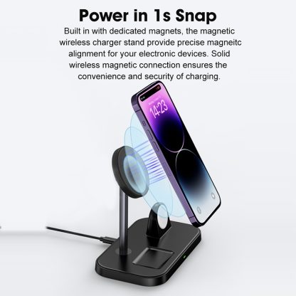 WA22 3 in 1 Magnetic Wireless Charger Phone Holder for iPhone 12 / 13 / 14 / 15 Series Phones & AirPods(Black) - Image 4