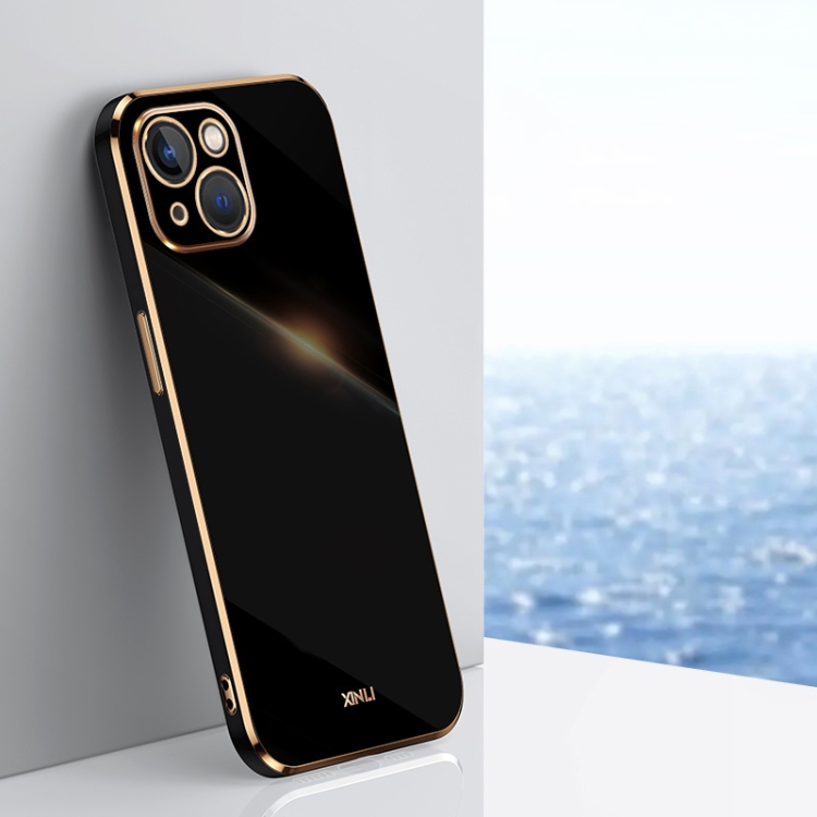 For iPhone 14 Plus XINLI Straight 6D Plating Gold Edge TPU Shockproof Case(Black)