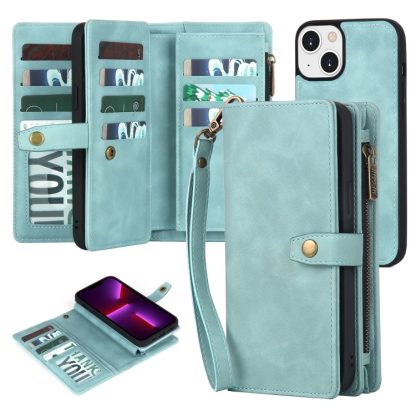 For iPhone 13 Zipper Wallet Detachable MagSafe Leather Phone Case(Blue)