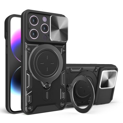 For iPhone 14 Pro CD Texture Sliding Camshield Magnetic Holder Phone Case(Black)