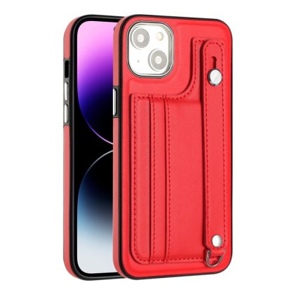 For iPhone 14 Shockproof Leather Phone Case with Wrist Strap(Red) - Image 2