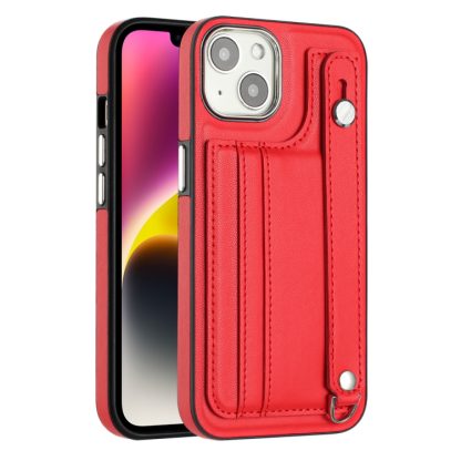 For iPhone 13 Shockproof Leather Phone Case with Wrist Strap(Red) - Image 2