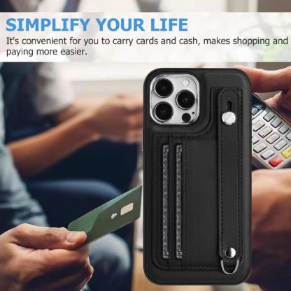 For iPhone 13 Pro Max Shockproof Leather Phone Case with Wrist Strap(Black) - Image 4