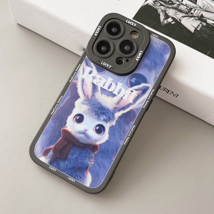 For iPhone 14 Liquid Silicone Oil Painting Rabbit Phone Case(Black Blue Grey) - Image 2