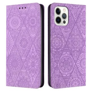 For iPhone 14 Pro Max Ethnic Embossed Adsorption Leather Phone Case(Purple)