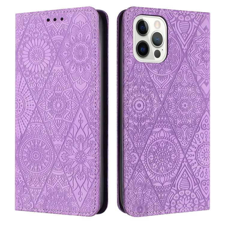 For iPhone 14 Pro Max Ethnic Embossed Adsorption Leather Phone Case(Purple)