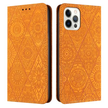 For iPhone 13 Pro Max Ethnic Embossed Adsorption Leather Phone Case(Yellow)